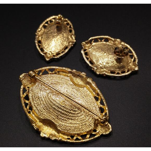 Vintage 1928 Style Brooch & Earrings, Pink Porcelain Roses, Peach Enamel, 1980s - Picture 9 of 10